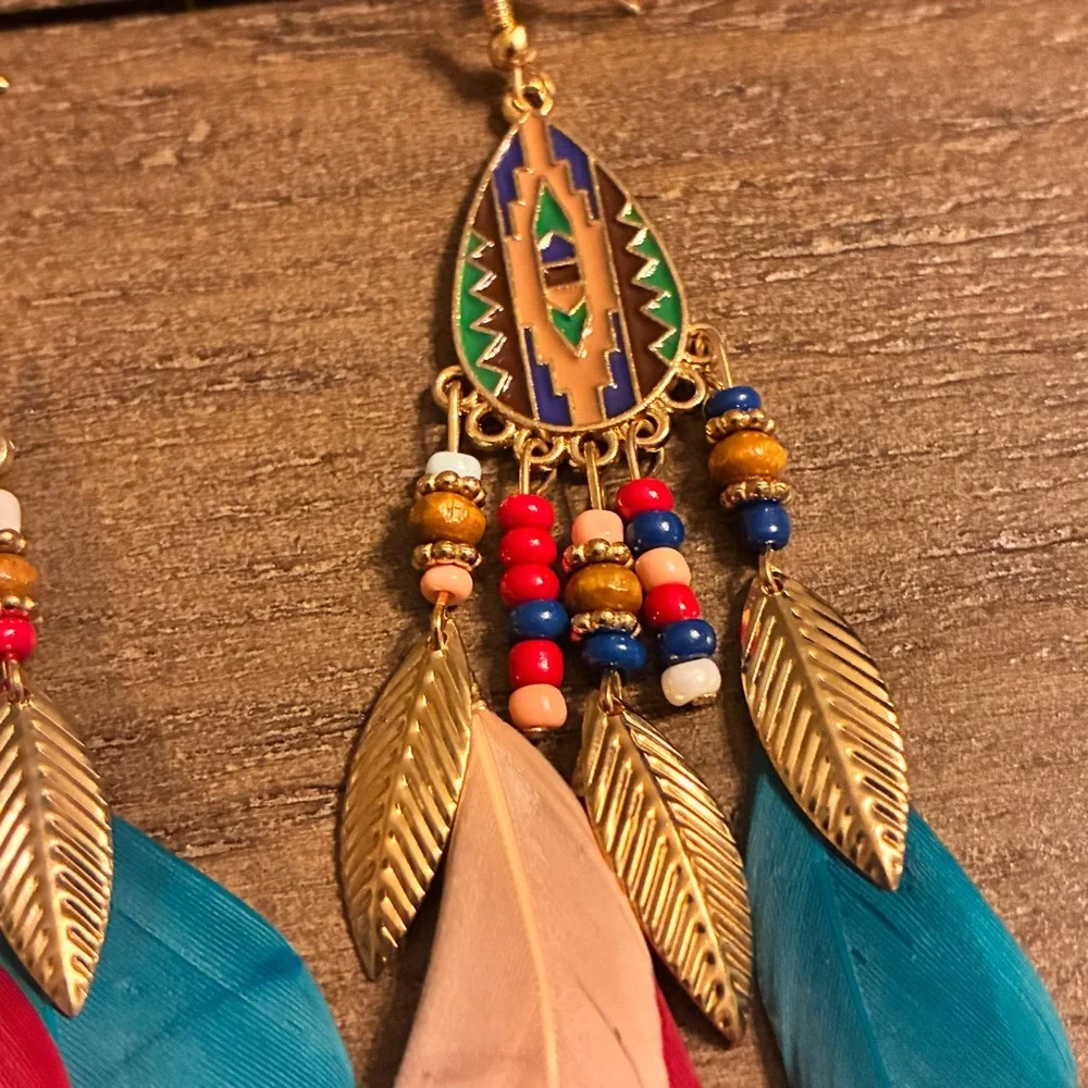 Boho Feather Dangle Earrings Southwestern Aztec Beaded Statement Jewelry NEW - Picture 5 of 6